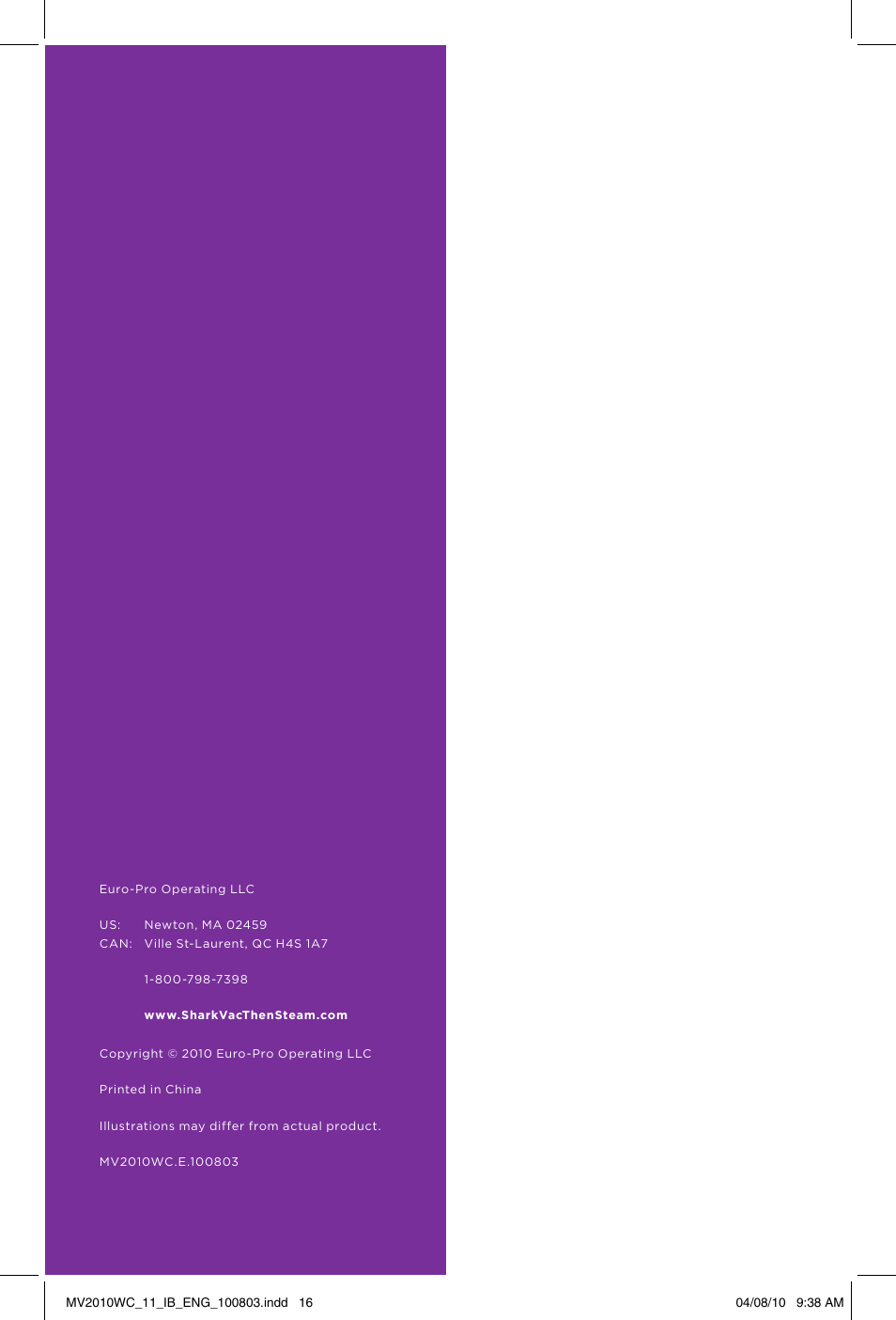 Shark VAC-THEN-STEAM MV2010WC User Manual | Page 11 / 11