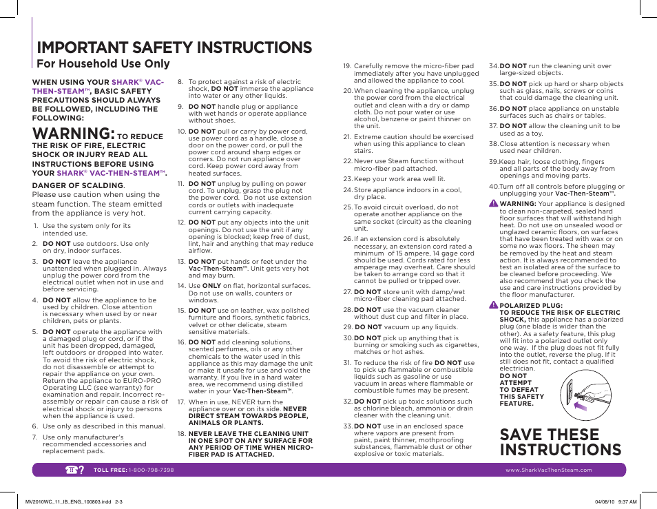 Warning, Important safety instructions, Save these instructions | For household use only | Shark VAC-THEN-STEAM MV2010WC User Manual | Page 2 / 11
