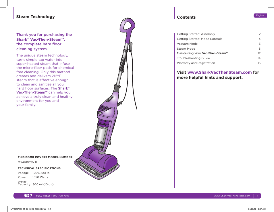 Shark VAC-THEN-STEAM MV2010WC User Manual | Page 3 / 11