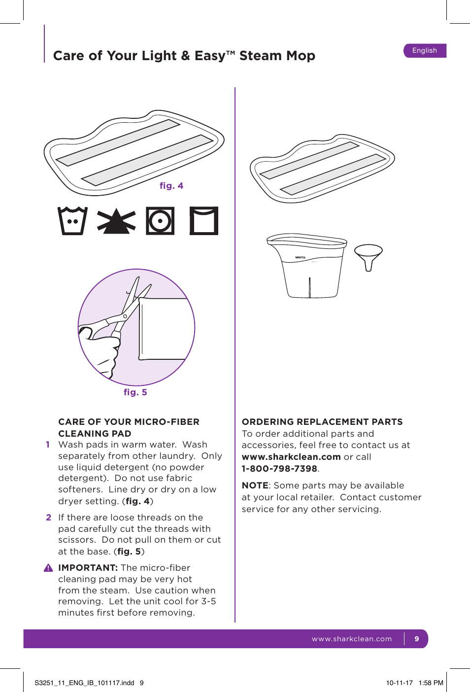 Care of your light & easy™ steam mop | Shark LIGHT & EASY S3251 User Manual | Page 15 / 20