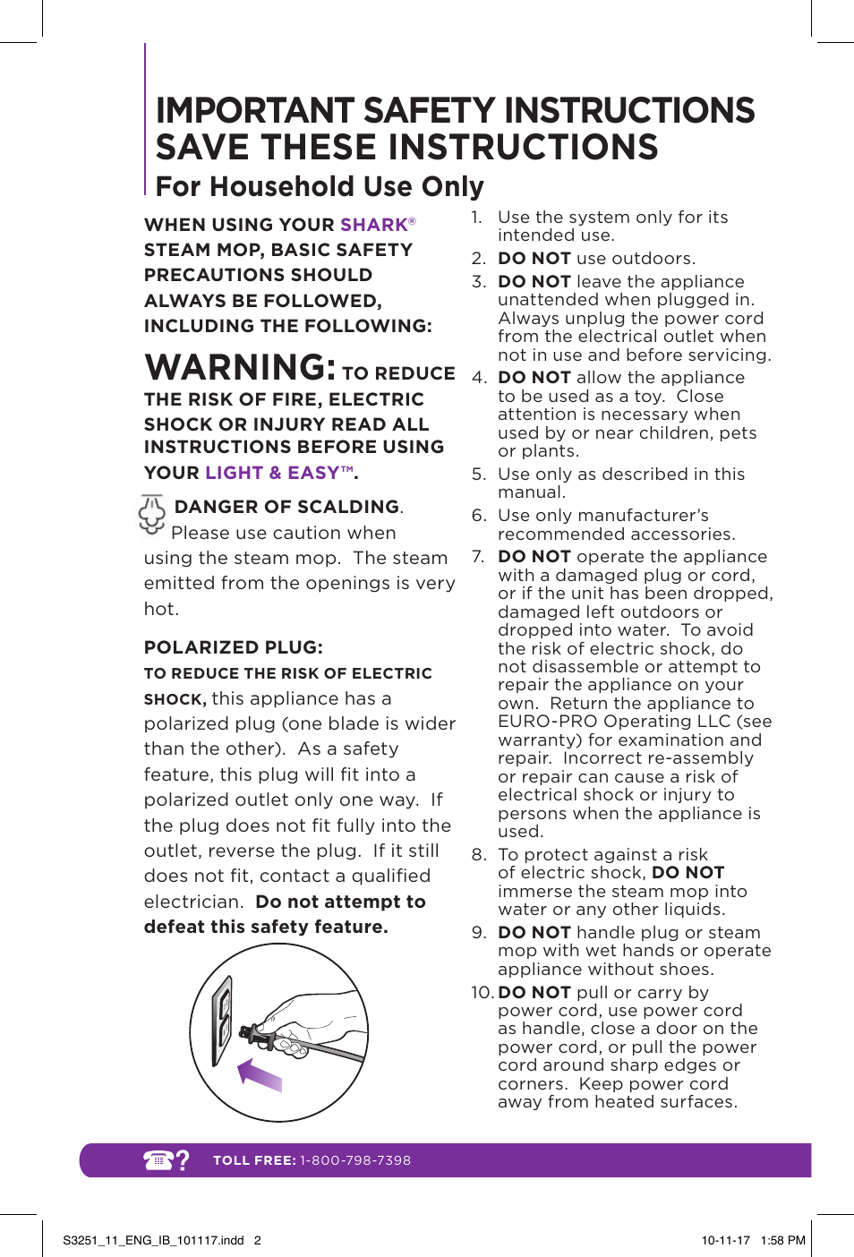 Warning, For household use only | Shark LIGHT & EASY S3251 User Manual | Page 2 / 20