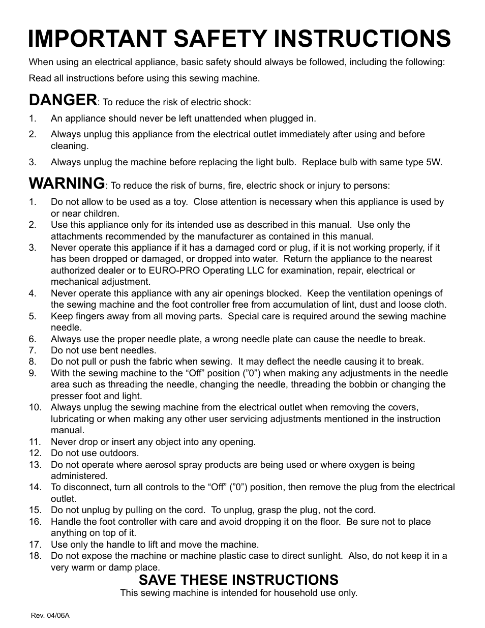 Important safety instructions, Danger, Warning | Save these instructions | Shark 9015 User Manual | Page 2 / 5