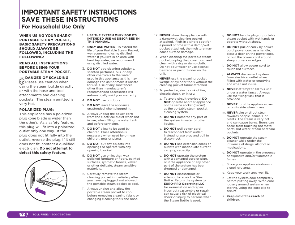 For household use only | Shark SC630W User Manual | Page 2 / 12