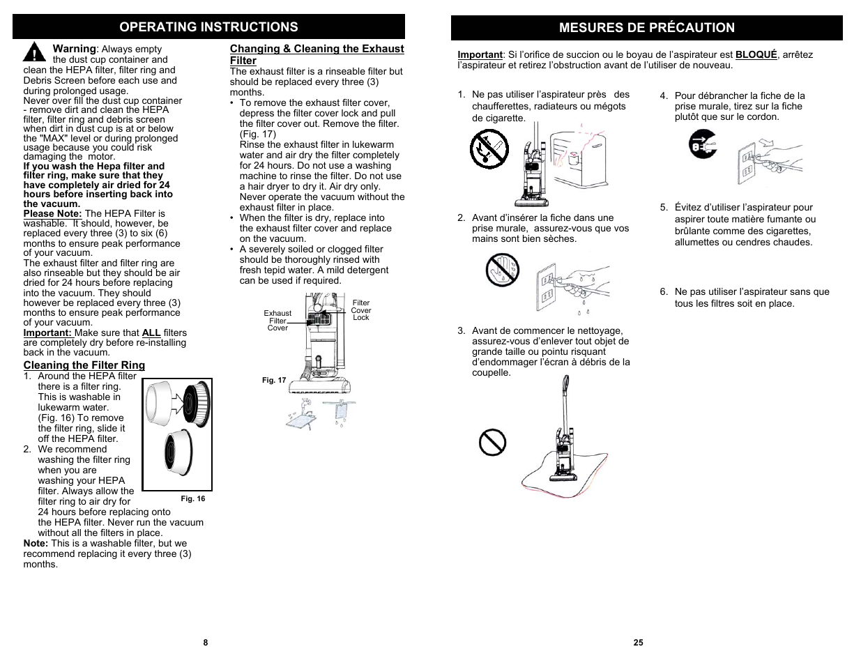 Operating instructions mesures de précaution | Shark EP621 User Manual | Page 10 / 18