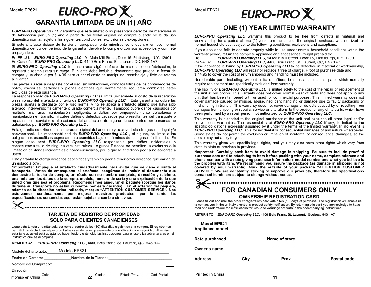 Garantía limitada de un (1) año, One (1) year limited warranty, For canadian consumers only | Shark EP621 User Manual | Page 13 / 18