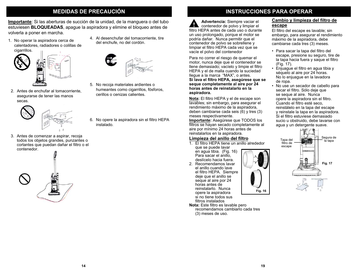 Instrucciones para operar, Medidas de precaución | Shark EP621 User Manual | Page 16 / 18