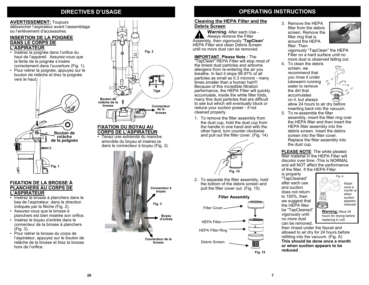 Operating instructions directives d’usage | Shark EP621 User Manual | Page 9 / 18