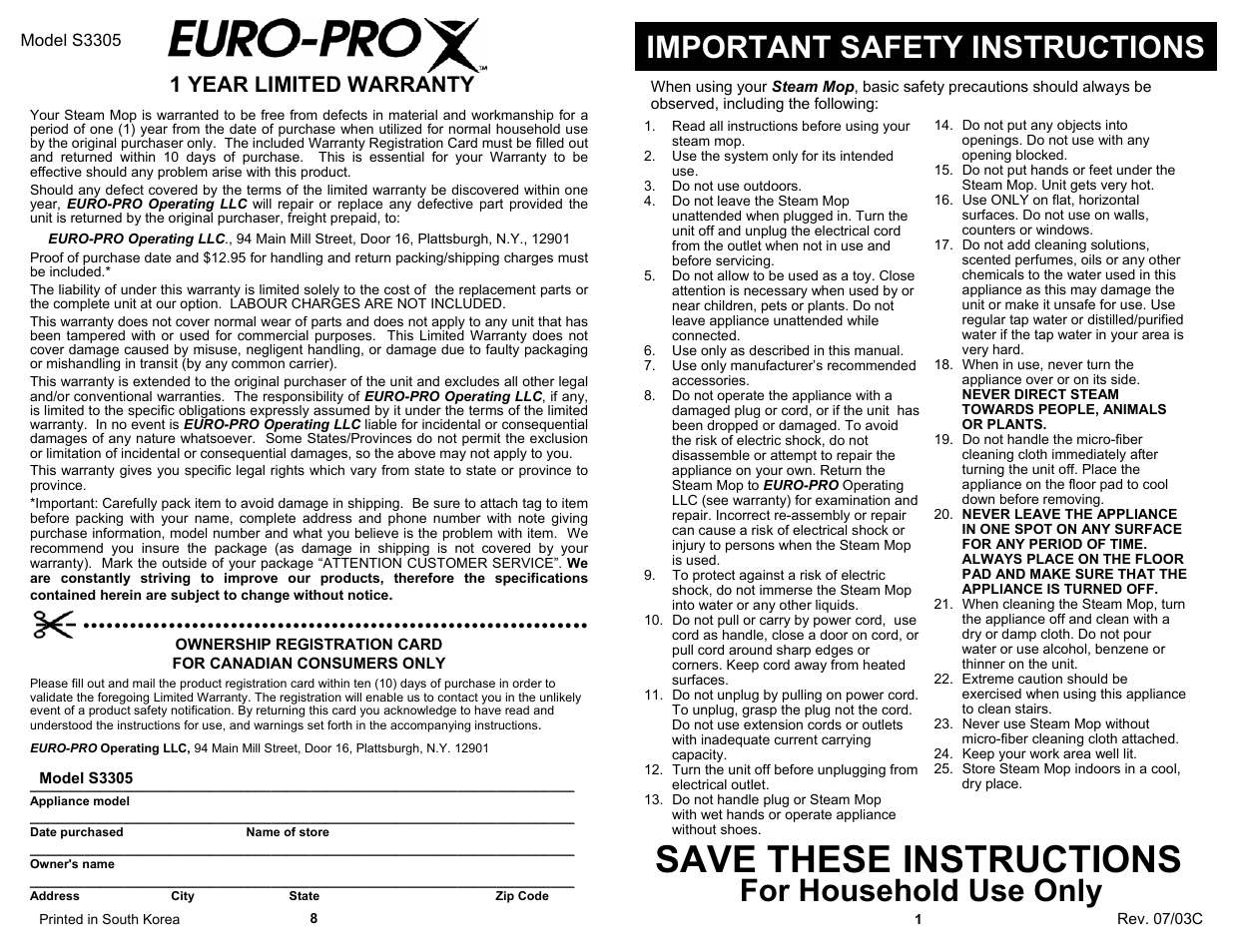 Save these instructions, For household use only, Important safety instructions | 1 year limited warranty | Shark S3305 User Manual | Page 3 / 6