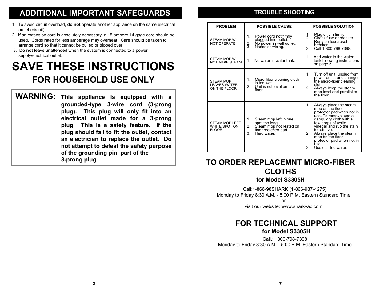 Save these instructions, For household use only, Additional important safeguards | Warning, For technical support, Trouble shooting, For model s3305h | Shark S3305 User Manual | Page 4 / 6
