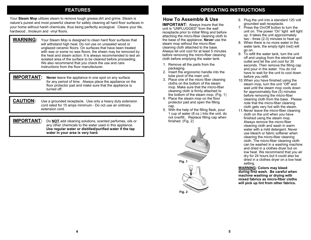 Features operating instructions, How to assemble & use caution, Important | Warning | Shark S3305 User Manual | Page 6 / 6