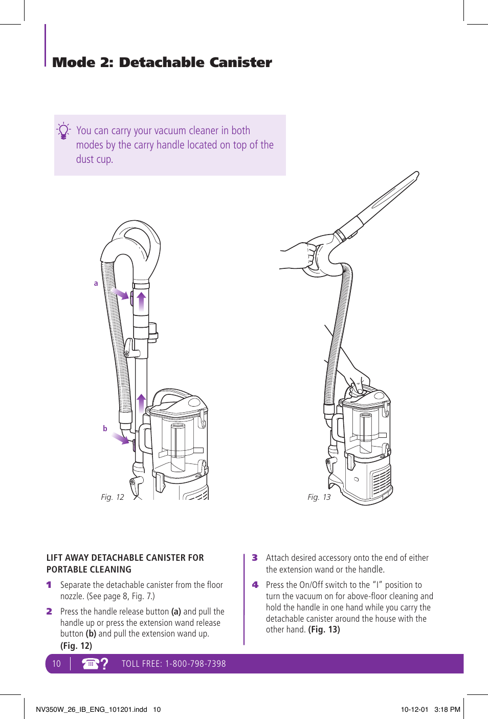 Mode 2: detachable canister | Shark NAVIGATOR NV350W User Manual | Page 10 / 20