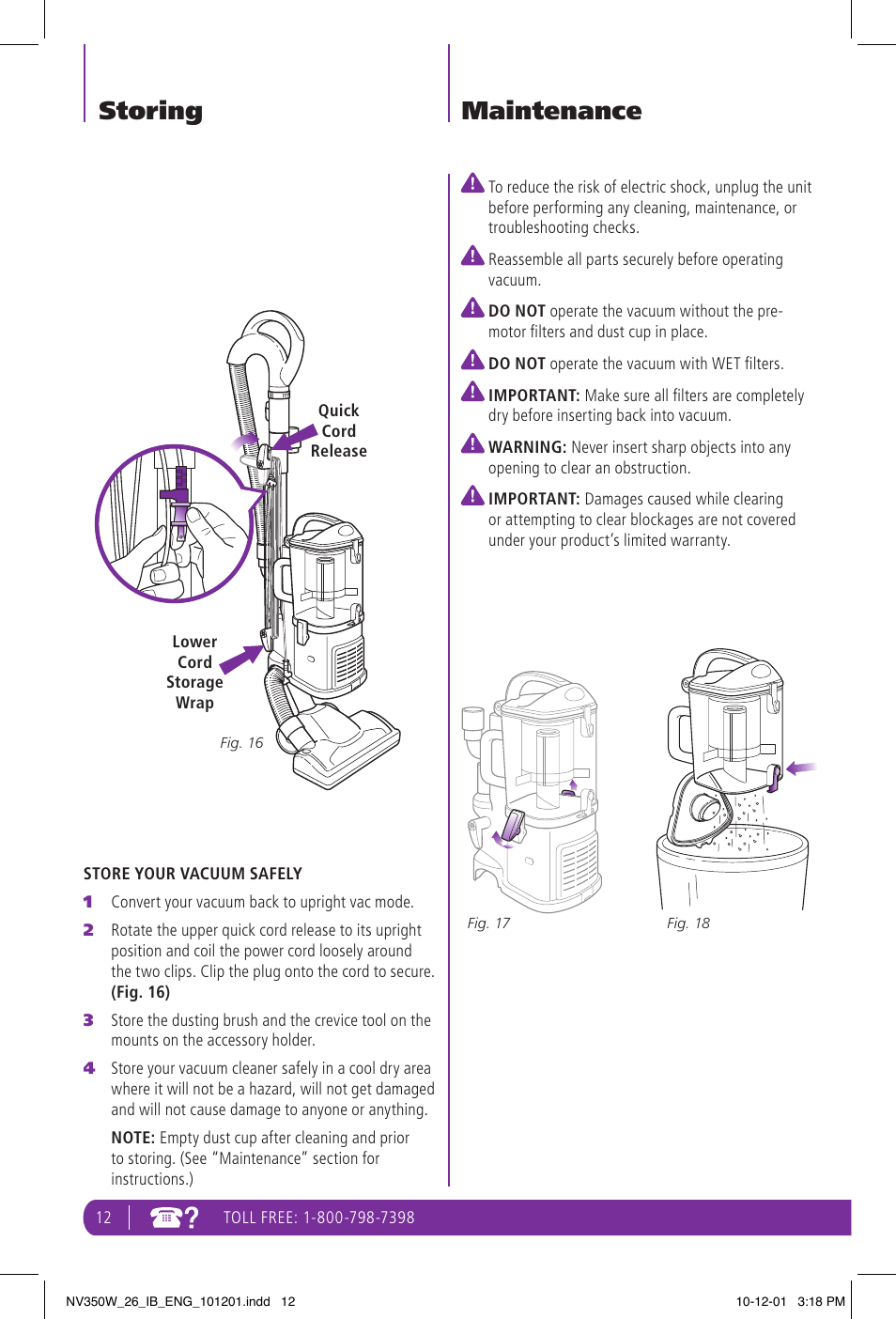 Storing, Maintenance | Shark NAVIGATOR NV350W User Manual | Page 12 / 20