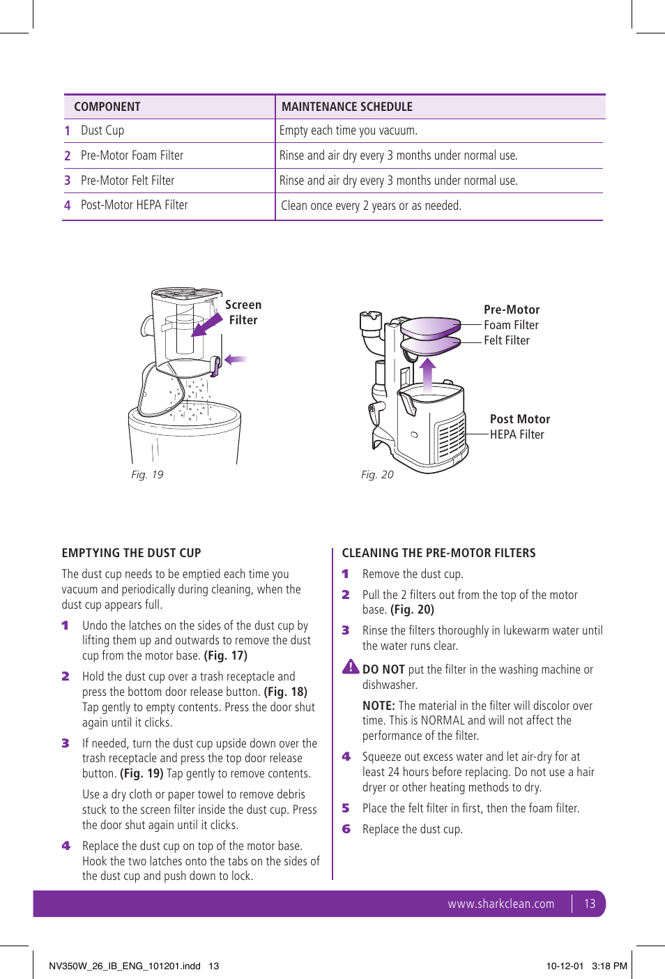 Shark NAVIGATOR NV350W User Manual | Page 13 / 20