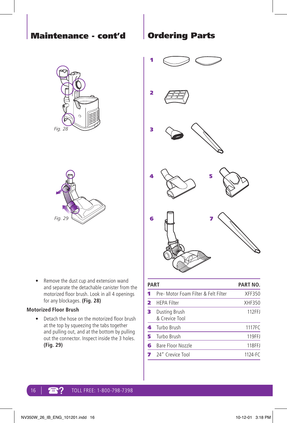 Maintenance - cont’d ordering parts | Shark NAVIGATOR NV350W User Manual | Page 16 / 20