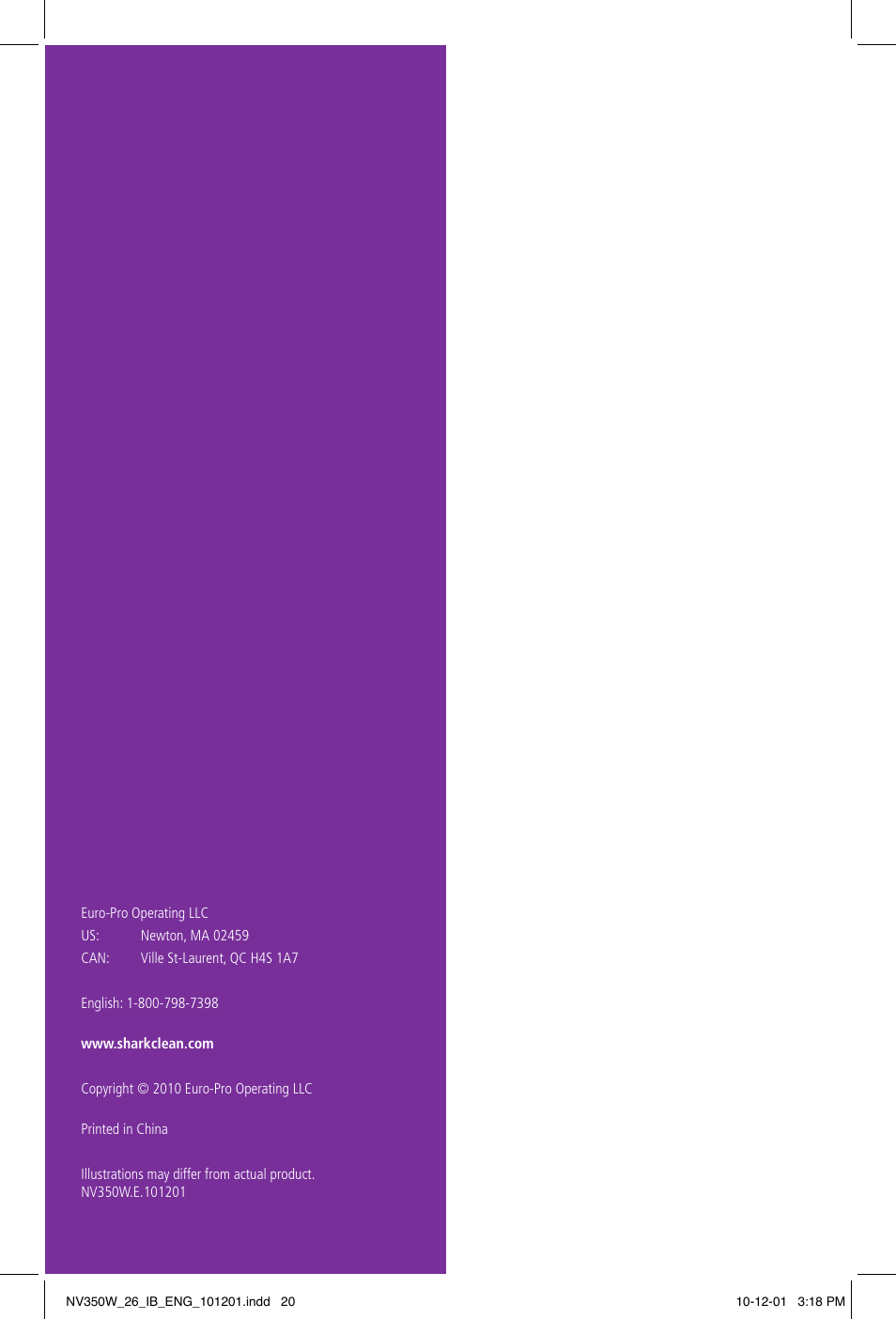 Shark NAVIGATOR NV350W User Manual | Page 20 / 20