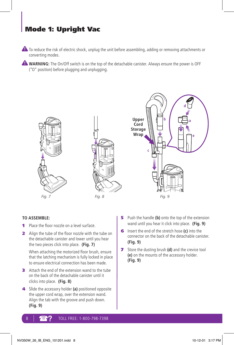 Mode 1: upright vac | Shark NAVIGATOR NV350W User Manual | Page 8 / 20