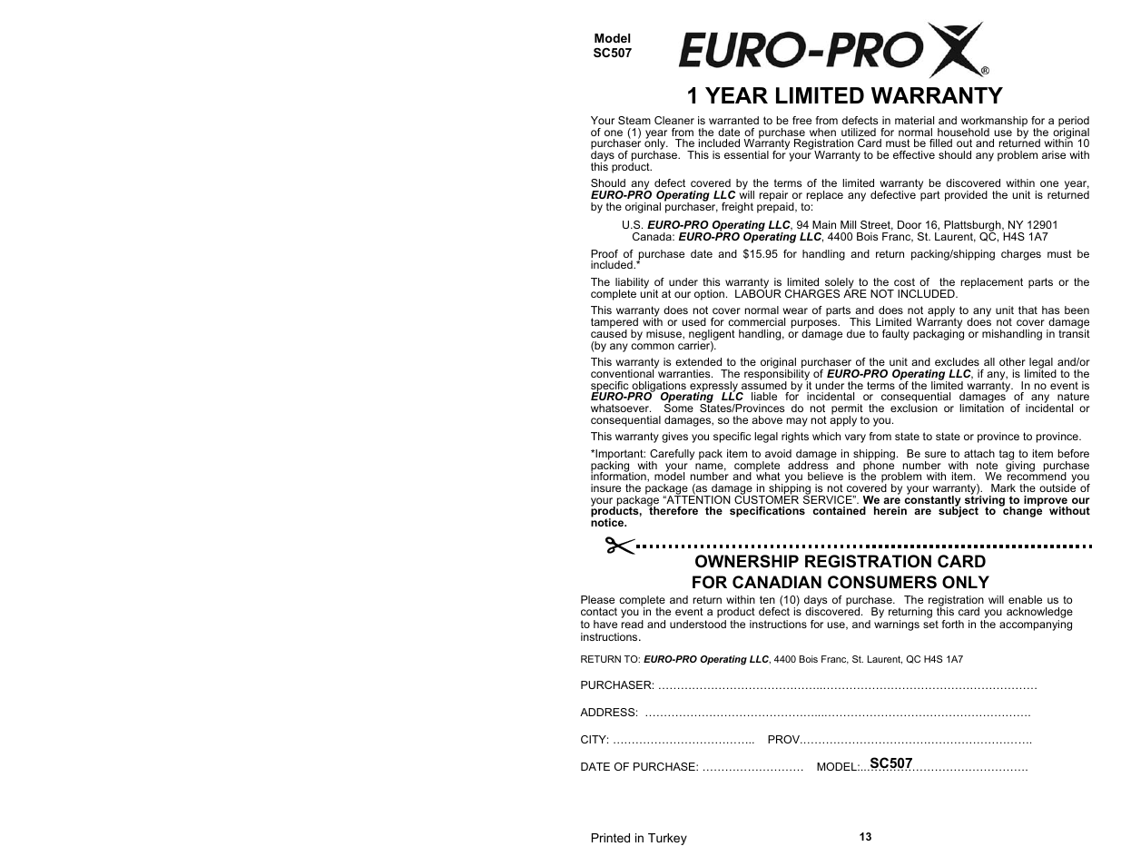 1 year limited warranty | Shark SC507 User Manual | Page 2 / 8