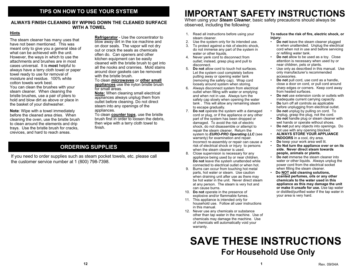 Save these instructions, Important safety instructions, For household use only | Tips on how to use your system, Ordering supplies | Shark SC507 User Manual | Page 3 / 8