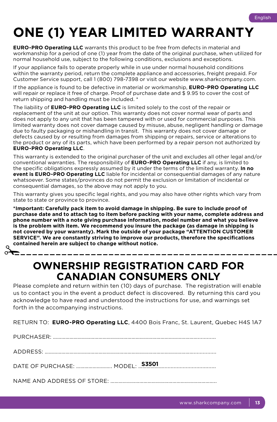 One (1) year limited warranty | Shark S3501 User Manual | Page 19 / 20