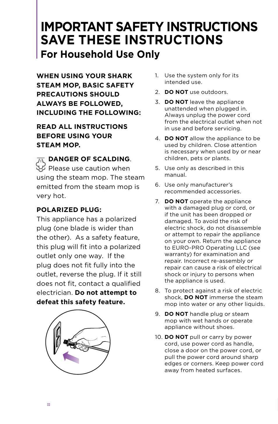 For household use only | Shark S3501 User Manual | Page 2 / 20