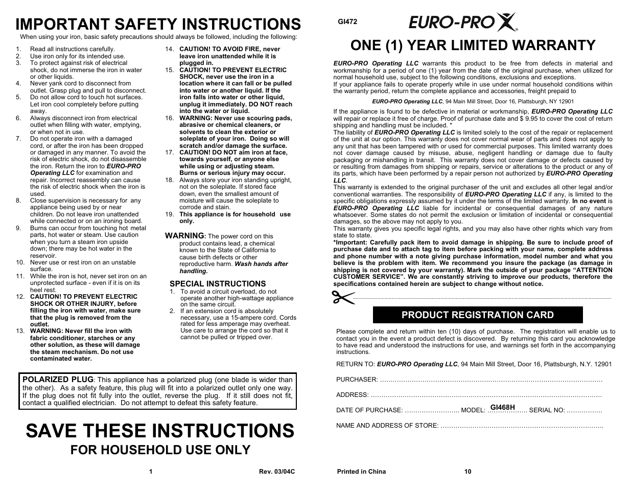 Save these instructions, Important safety instructions, One (1) year limited warranty | For household use only, Product registration card | Shark GI472 User Manual | Page 2 / 6