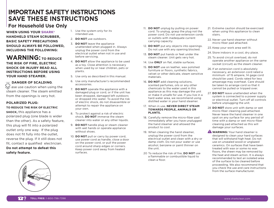 Warning, For household use only | Shark S3401 User Manual | Page 2 / 7