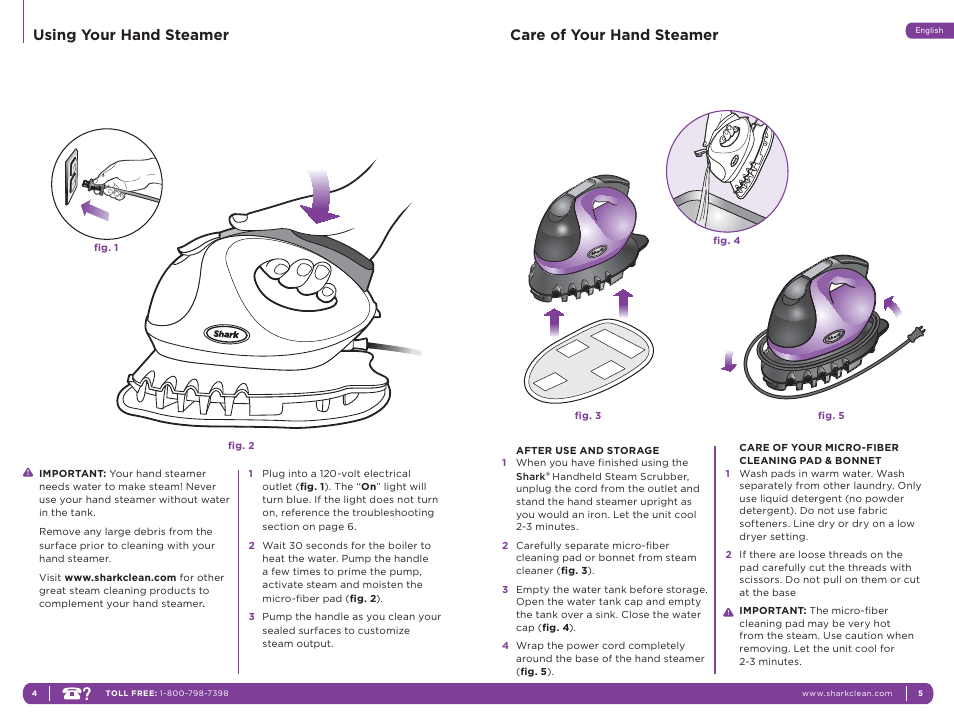 Using your hand steamer, Care of your hand steamer | Shark S3401 User Manual | Page 5 / 7