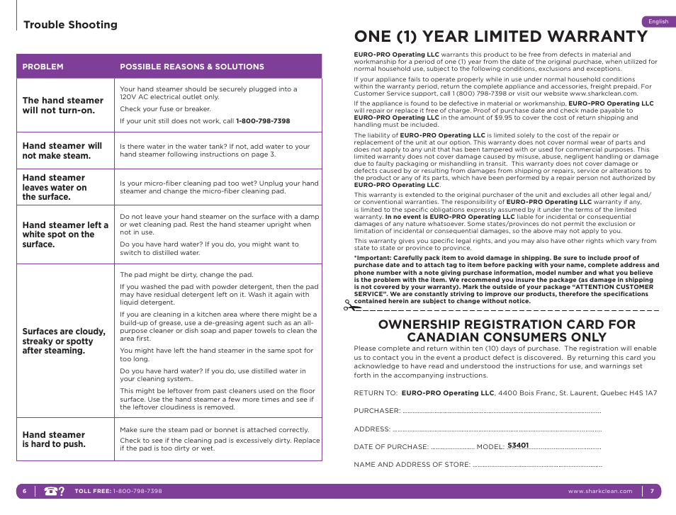 One (1) year limited warranty, Trouble shooting | Shark S3401 User Manual | Page 6 / 7