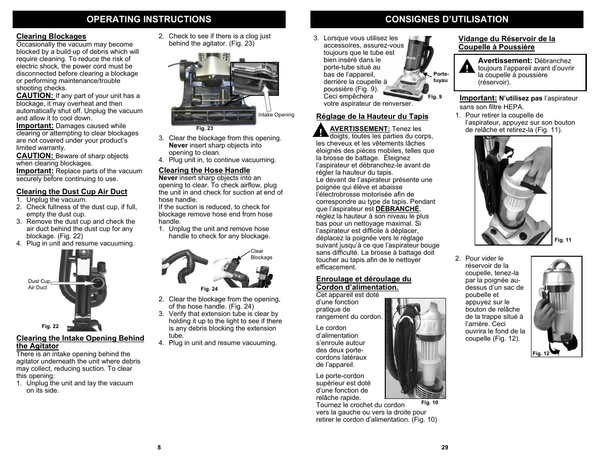 Operating instructions consignes d’utilisation | Shark V1310C User Manual | Page 10 / 20
