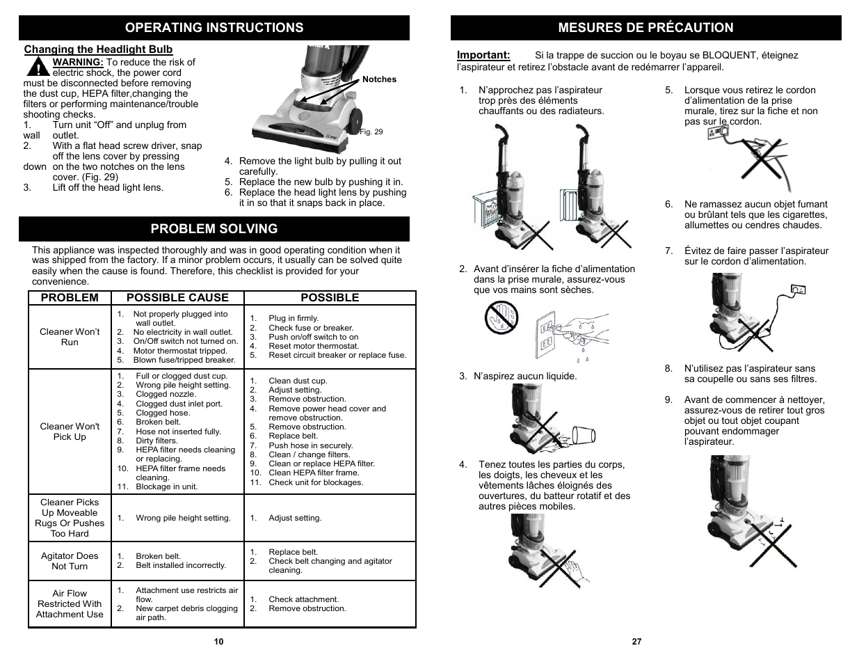 Operating instructions mesures de précaution, Problem solving | Shark V1310C User Manual | Page 12 / 20