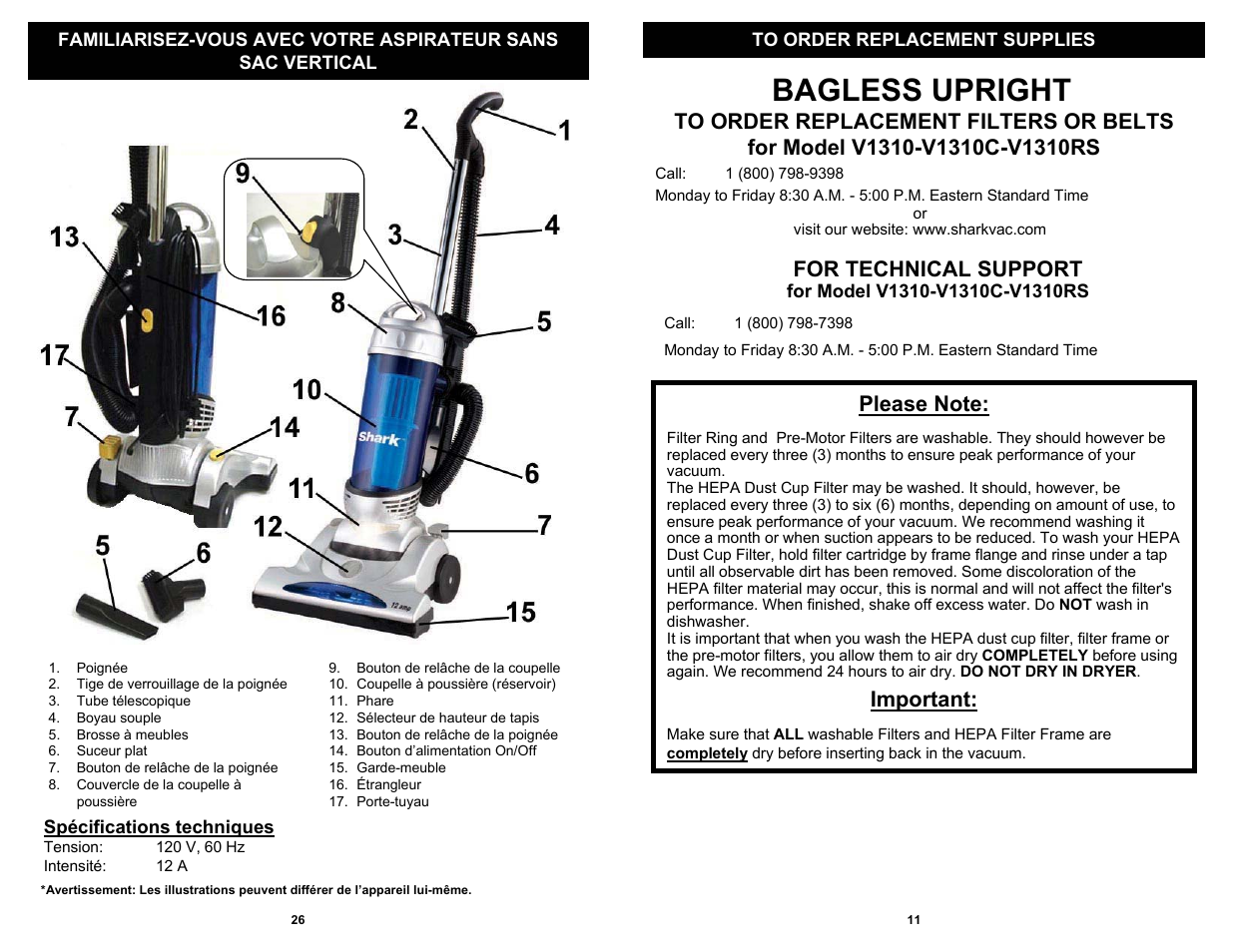 Bagless upright, For technical support, Important | Shark V1310C User Manual | Page 13 / 20