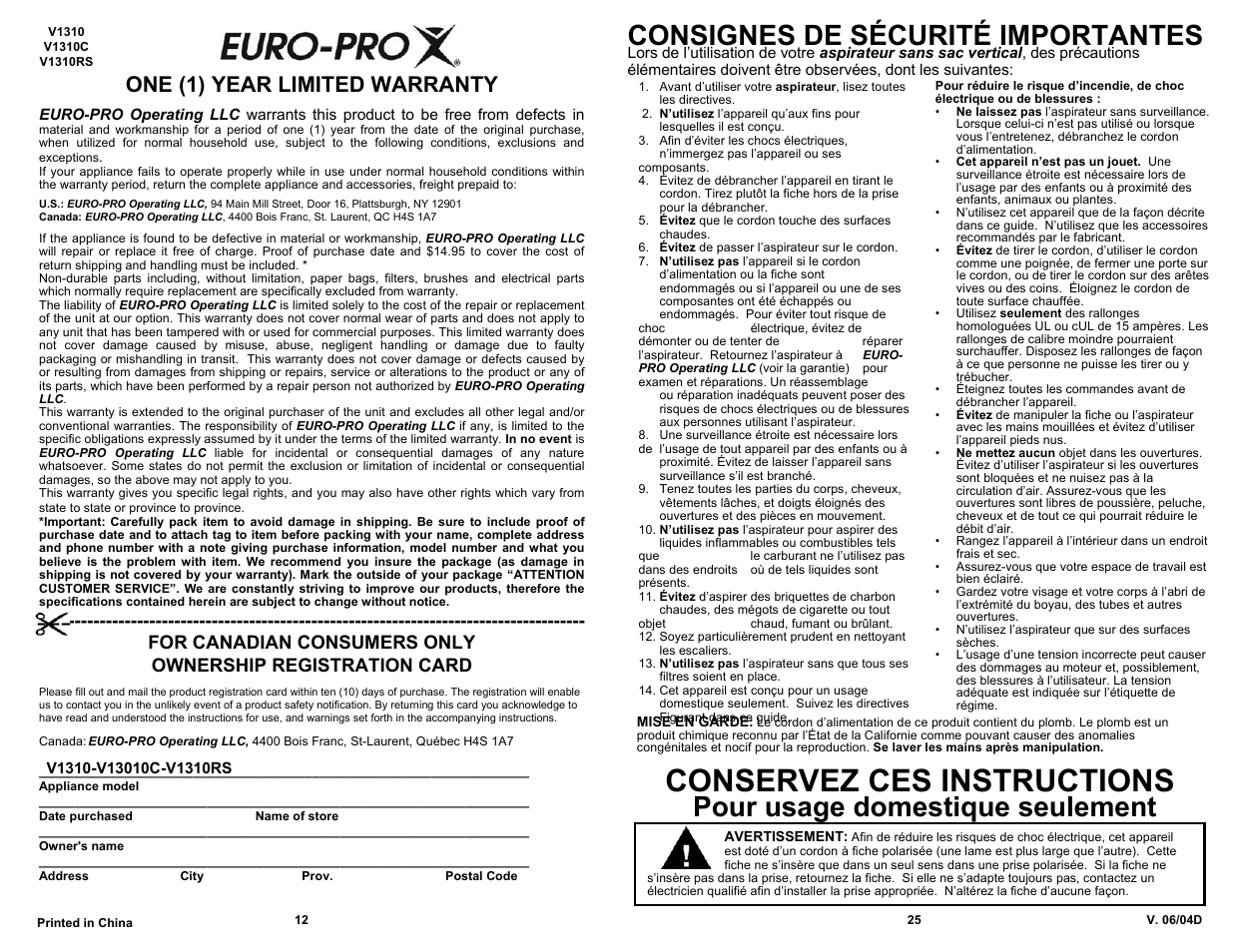 Conservez ces instructions, Consignes de sécurité importantes, Pour usage domestique seulement | One (1) year limited warranty | Shark V1310C User Manual | Page 14 / 20