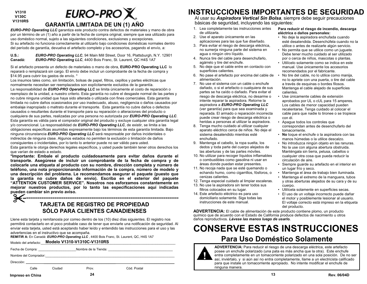 Conserve estas instrucciones, Instrucciones importantes de seguridad, Para uso doméstico solamente | Garantía limitada de un (1) año | Shark V1310C User Manual | Page 15 / 20