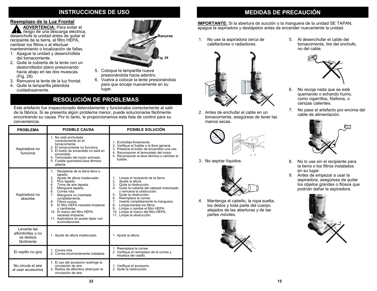 Instrucciones de uso medidas de precaución, Resolución de problemas | Shark V1310C User Manual | Page 17 / 20