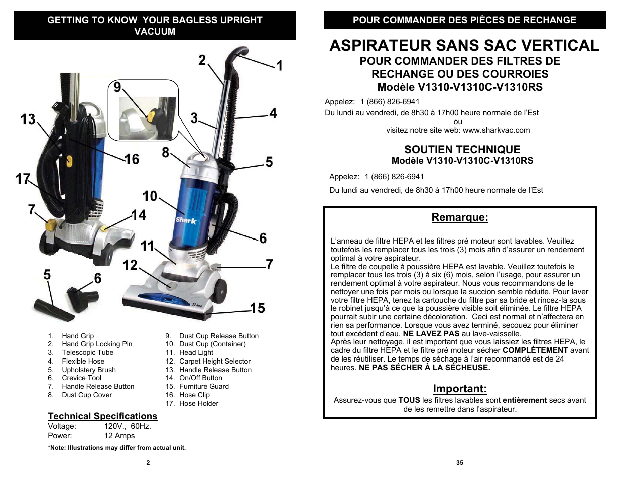 Aspirateur sans sac vertical, Soutien technique, Remarque | Important | Shark V1310C User Manual | Page 4 / 20