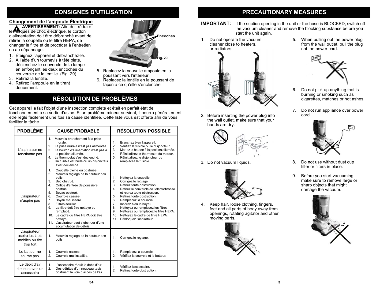 Precautionary measures consignes d’utilisation, Résolution de problèmes | Shark V1310C User Manual | Page 5 / 20
