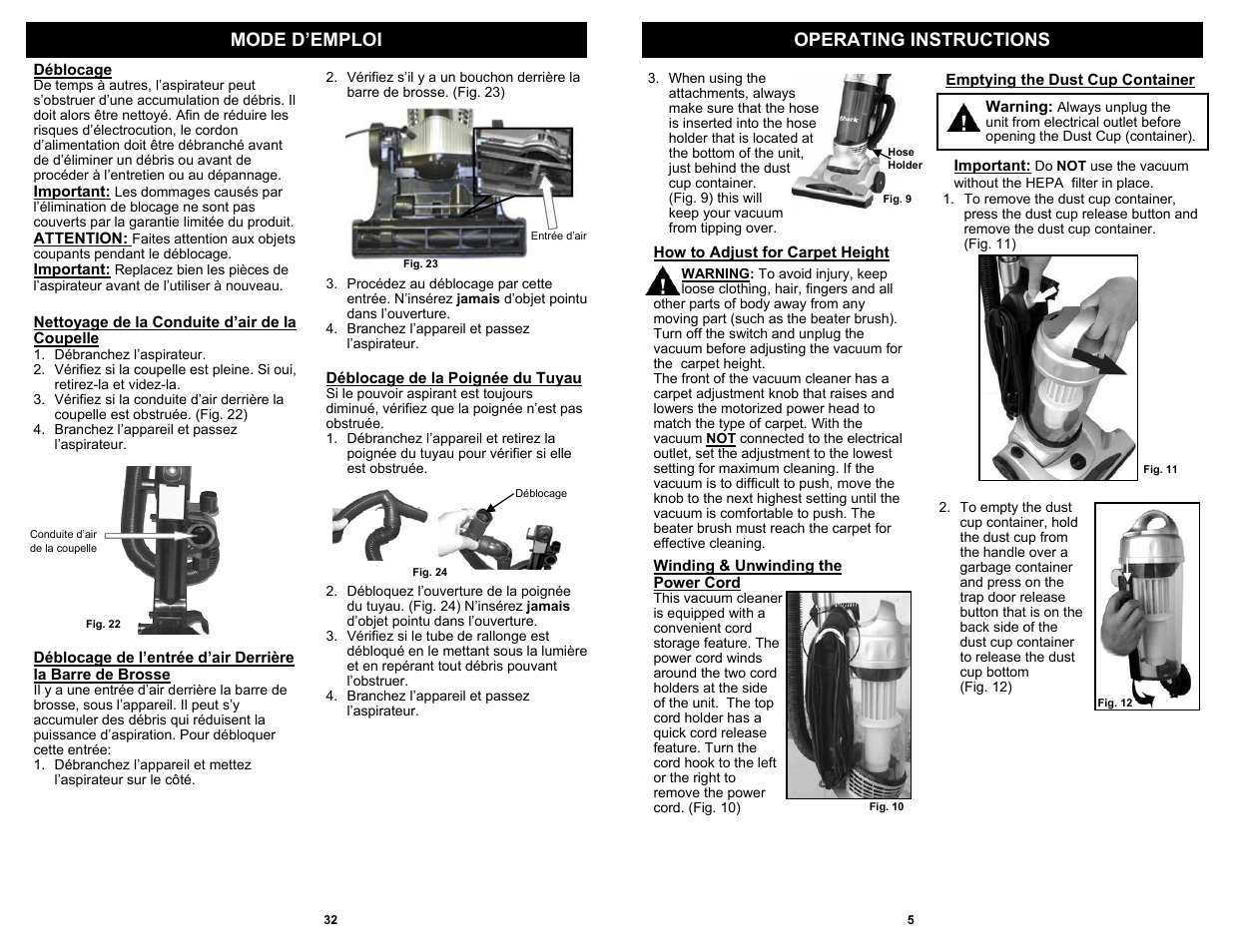 Operating instructions mode d’emploi | Shark V1310C User Manual | Page 7 / 20