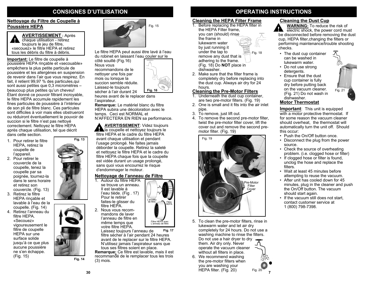 Operating instructions consignes d’utilisation | Shark V1310C User Manual | Page 9 / 20