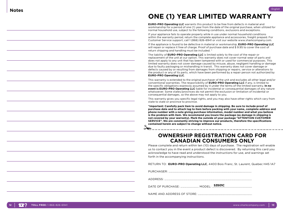 One (1) year limited warranty | Shark S3501C User Manual | Page 10 / 11
