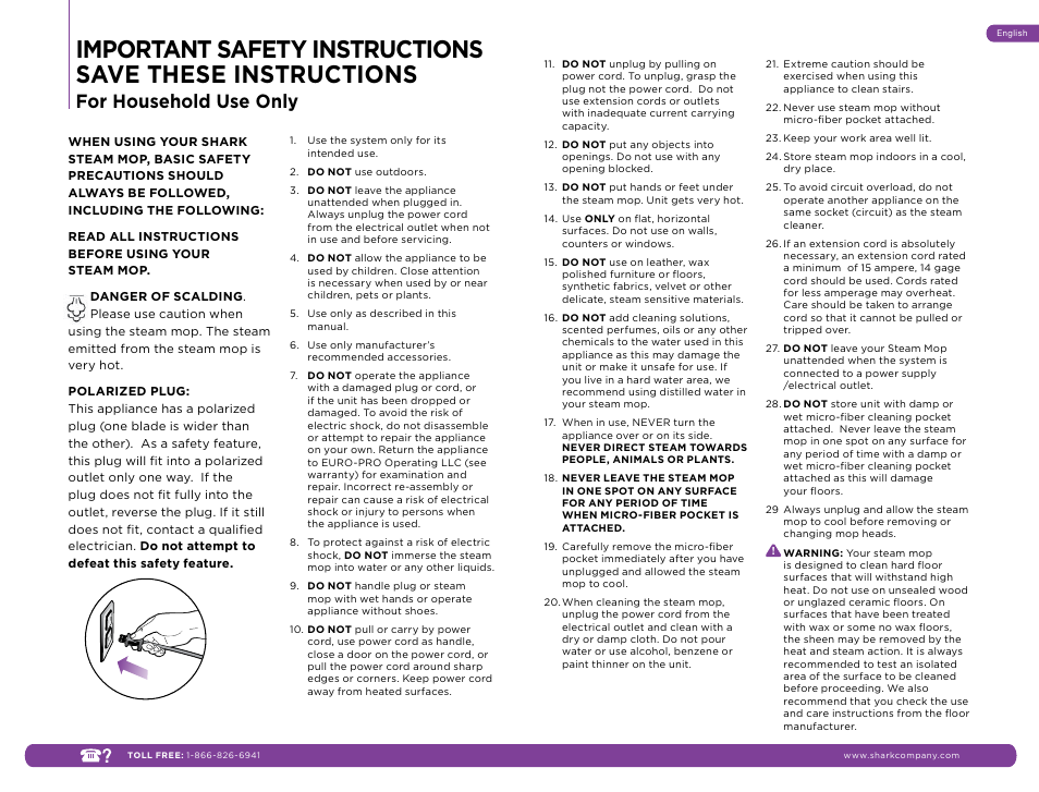 For household use only | Shark S3501C User Manual | Page 2 / 11