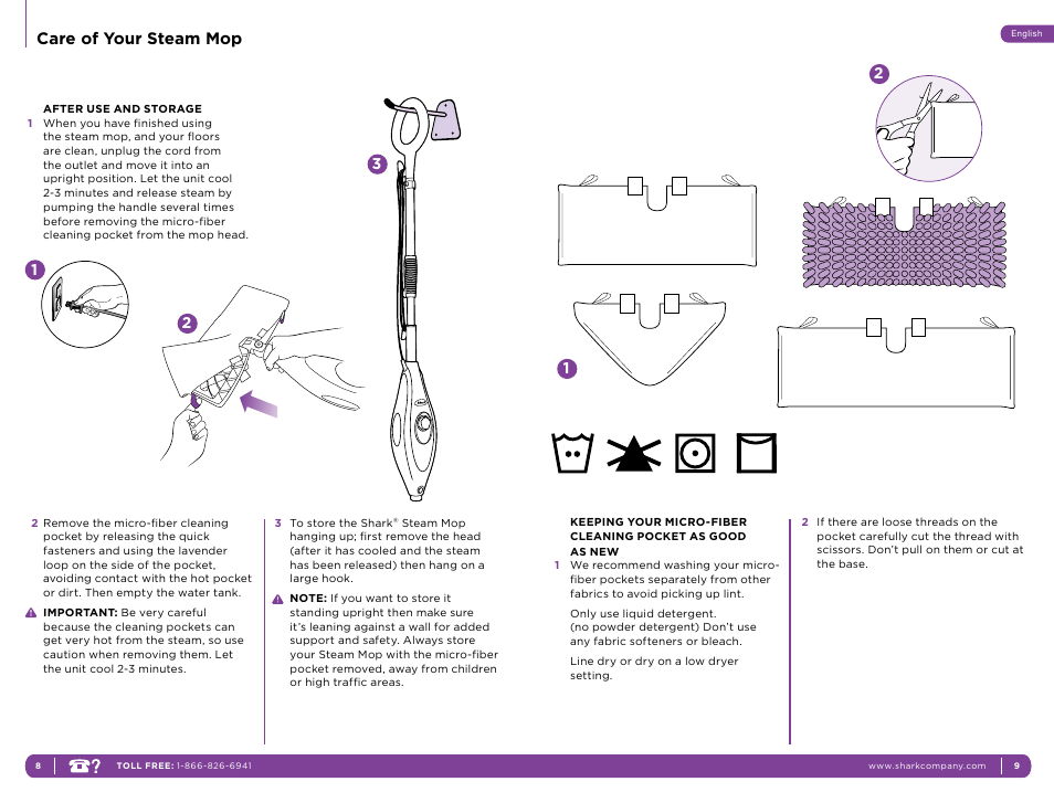 Care of your steam mop | Shark S3501C User Manual | Page 8 / 11
