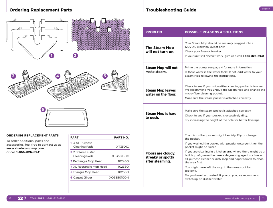 Ordering replacement parts, Troubleshooting guide | Shark S3501C User Manual | Page 9 / 11