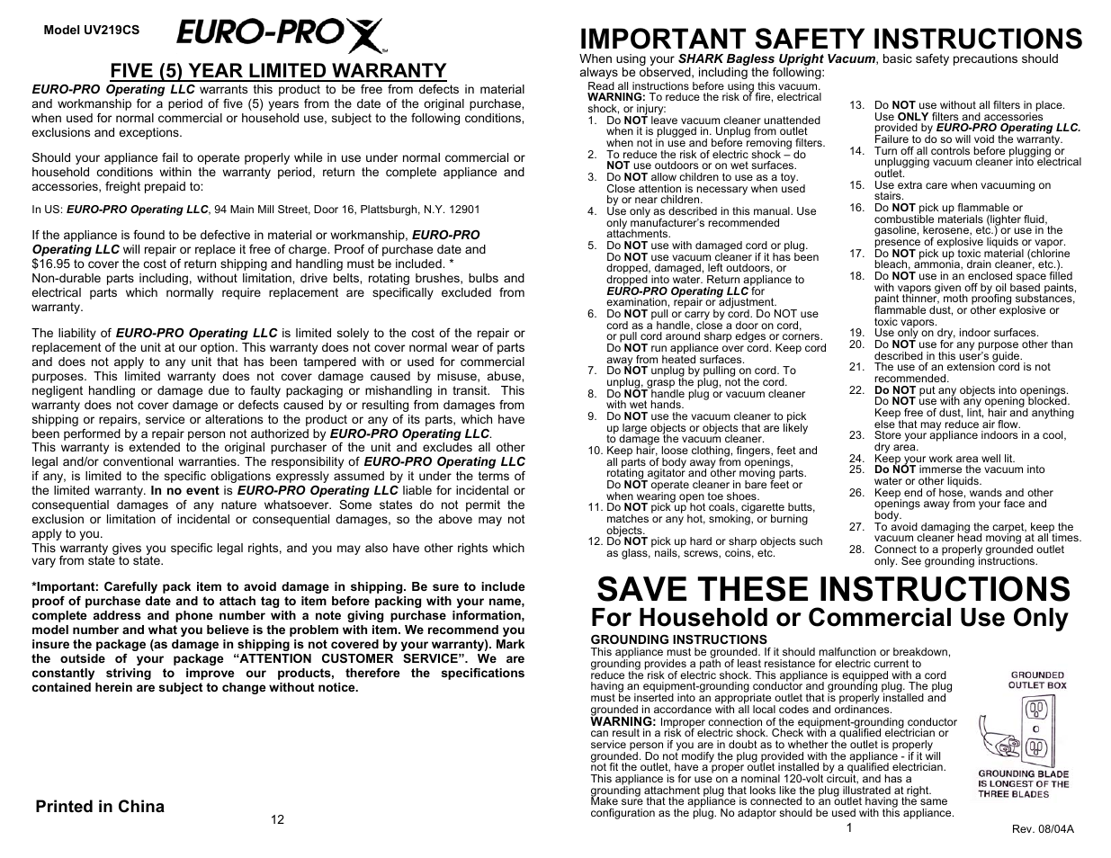 Save these instructions, Important safety instructions, For household or commercial use only | Five (5) year limited warranty, Printed in china | Shark UV219CS User Manual | Page 3 / 8