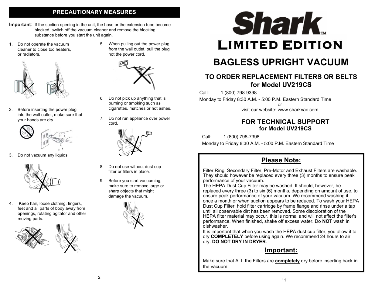 Bagless upright vacuum, For technical support, Important | Shark UV219CS User Manual | Page 4 / 8