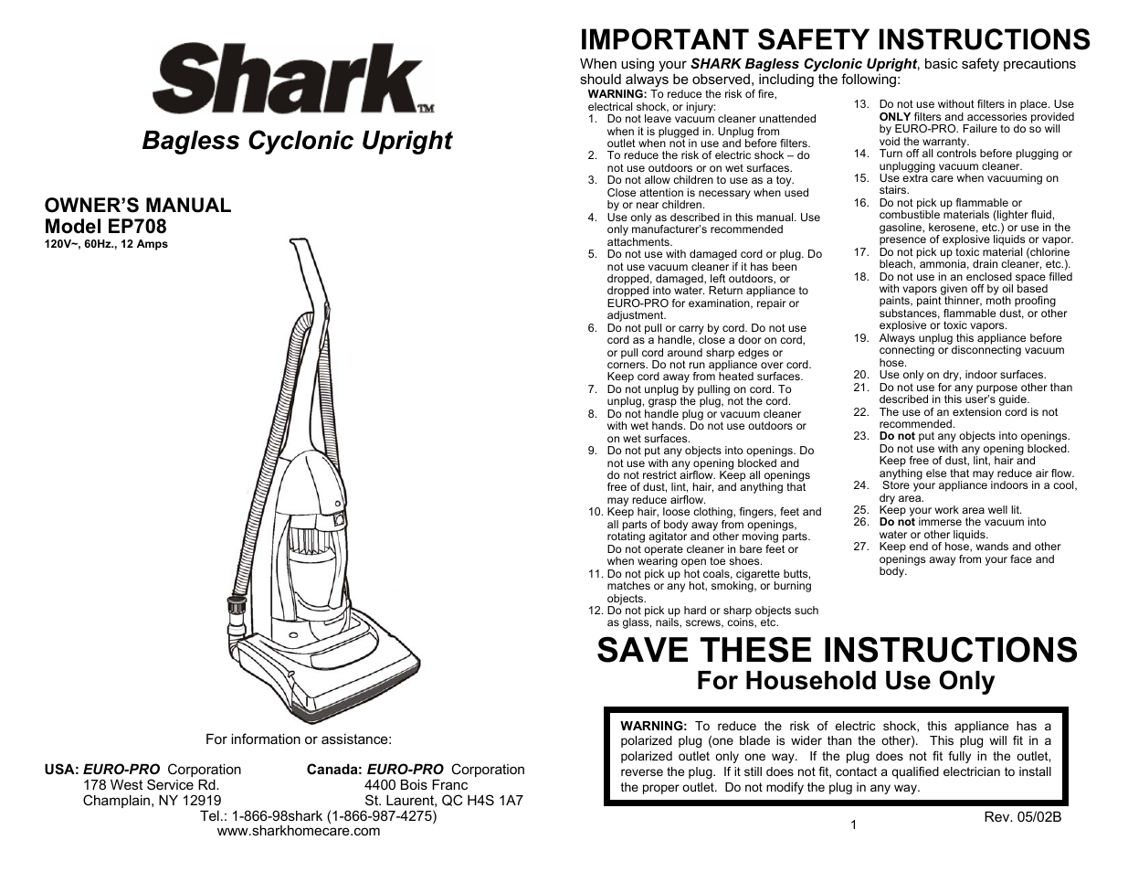 Shark EP708 User Manual | 6 pages