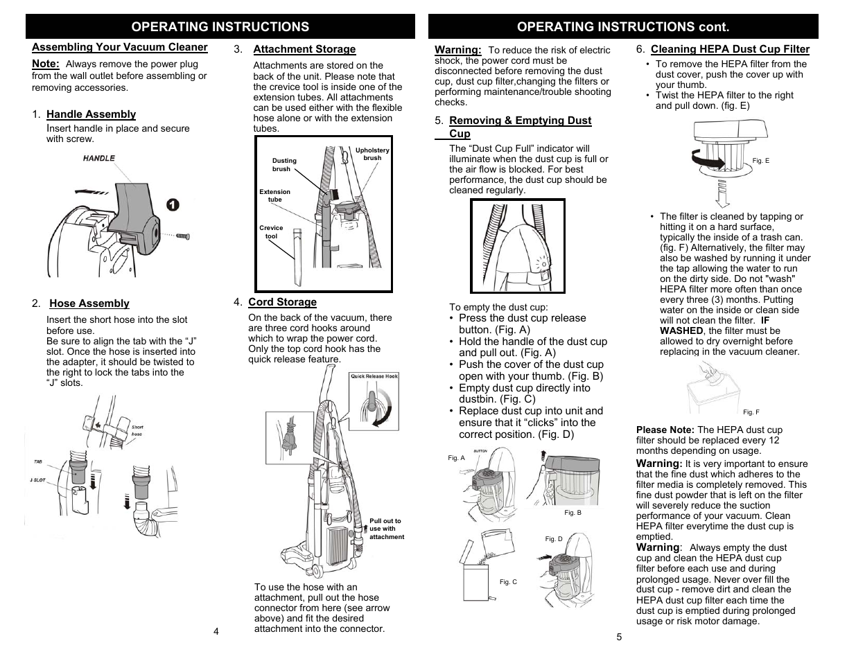 Operating instructions operating instructions cont | Shark EP708 User Manual | Page 3 / 6