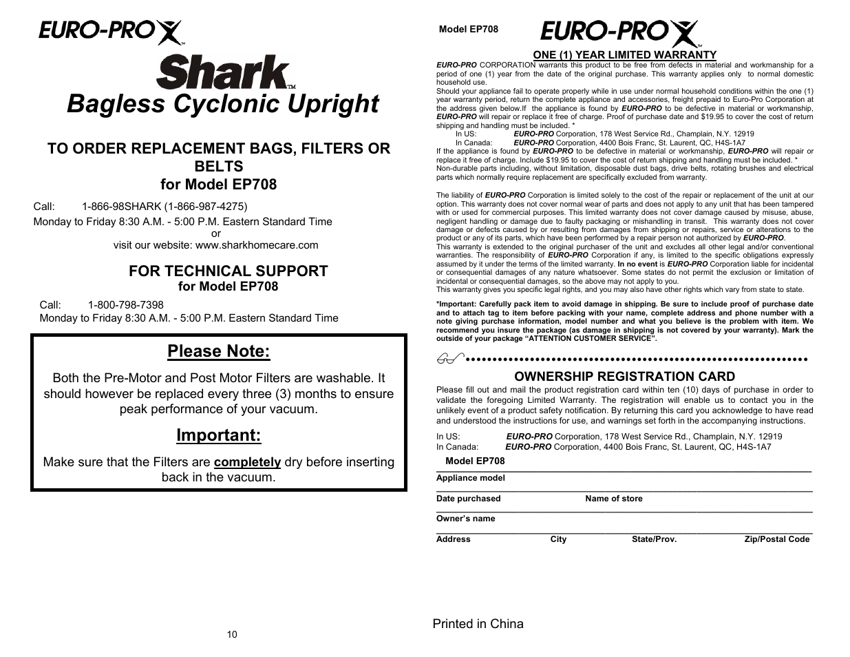 Bagless cyclonic upright, Important, For technical support | Shark EP708 User Manual | Page 6 / 6