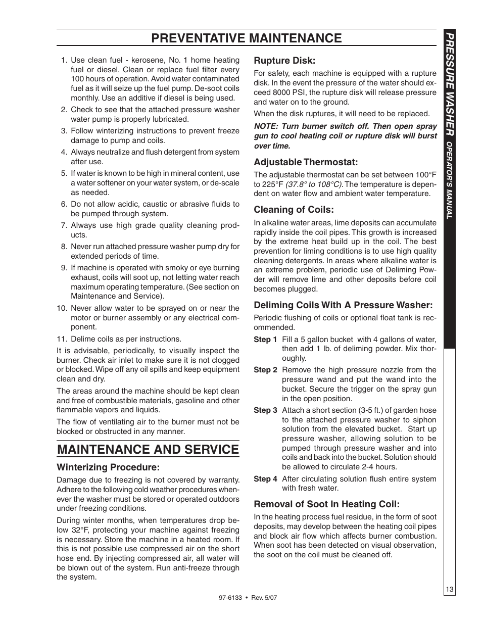 Preventative maintenance, Maintenance and service, Pressure w asher | Shark HP-5030D User Manual | Page 13 / 22