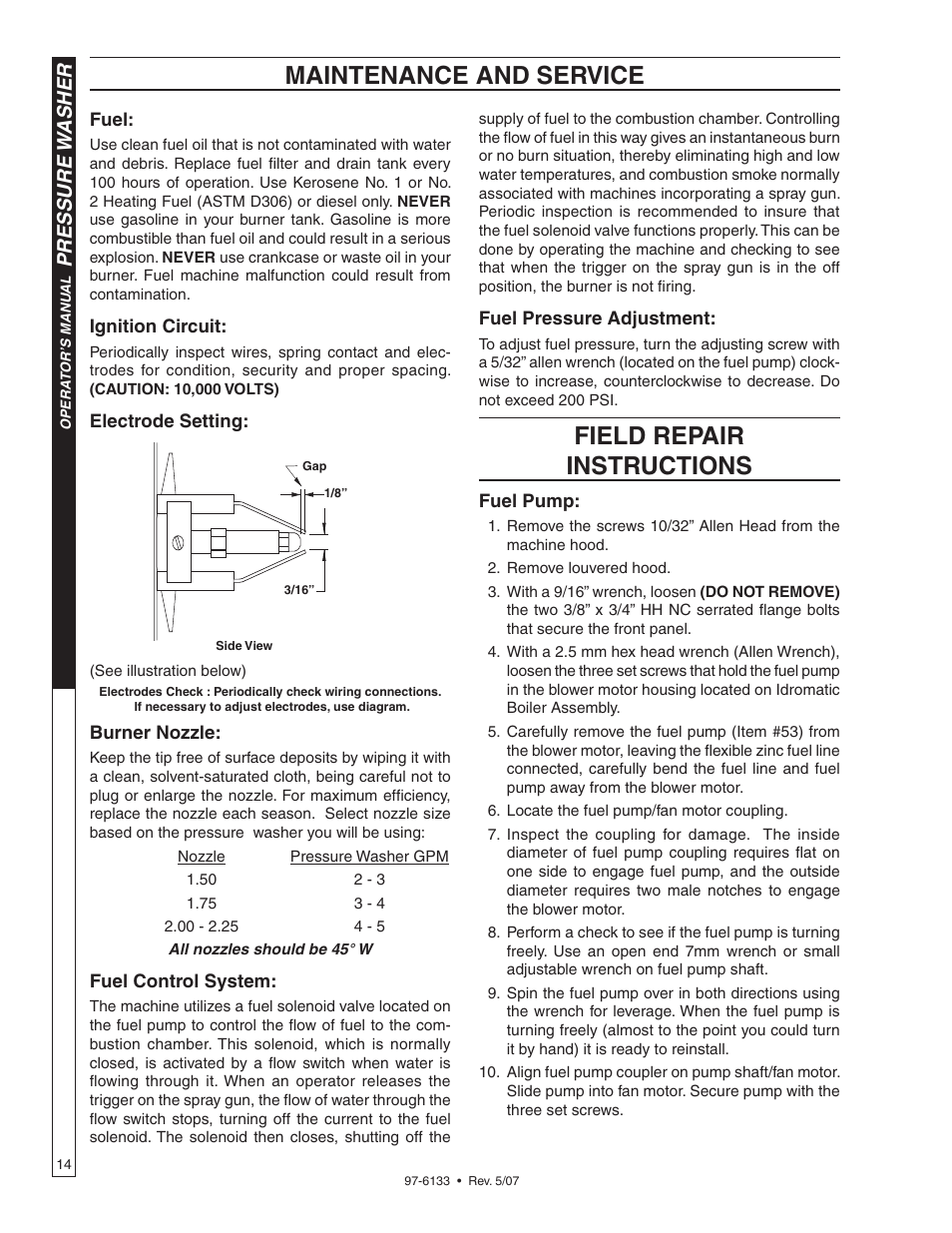 Maintenance and service, Field repair instructions, Pressure w asher | Shark HP-5030D User Manual | Page 14 / 22