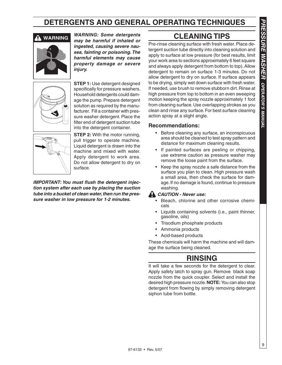 Cleaning tips, Rinsing, Detergents and general operating techniques | Pressure w asher | Shark HP-5030D User Manual | Page 9 / 22